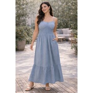 Women's Light Blue Smocked Maxi Dress | Spaghetti Strap Boho Summer Sundress XL